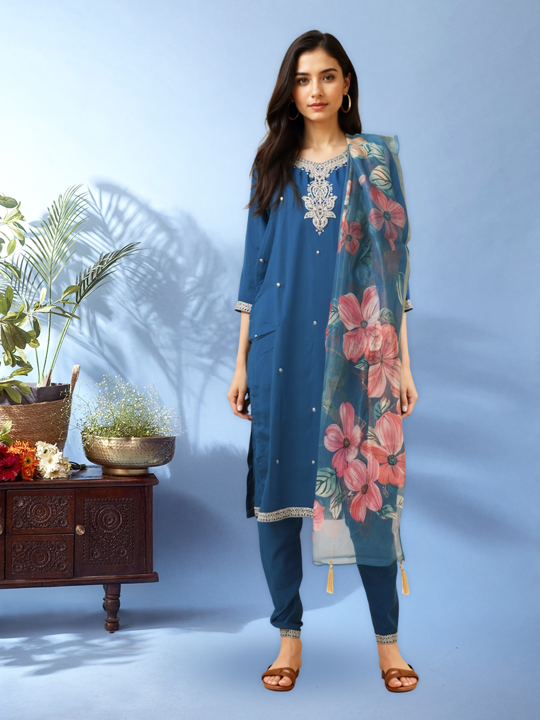 Picture of Royal Bloom Embroidered Kurta with Pant & Floral Dupatta Set
